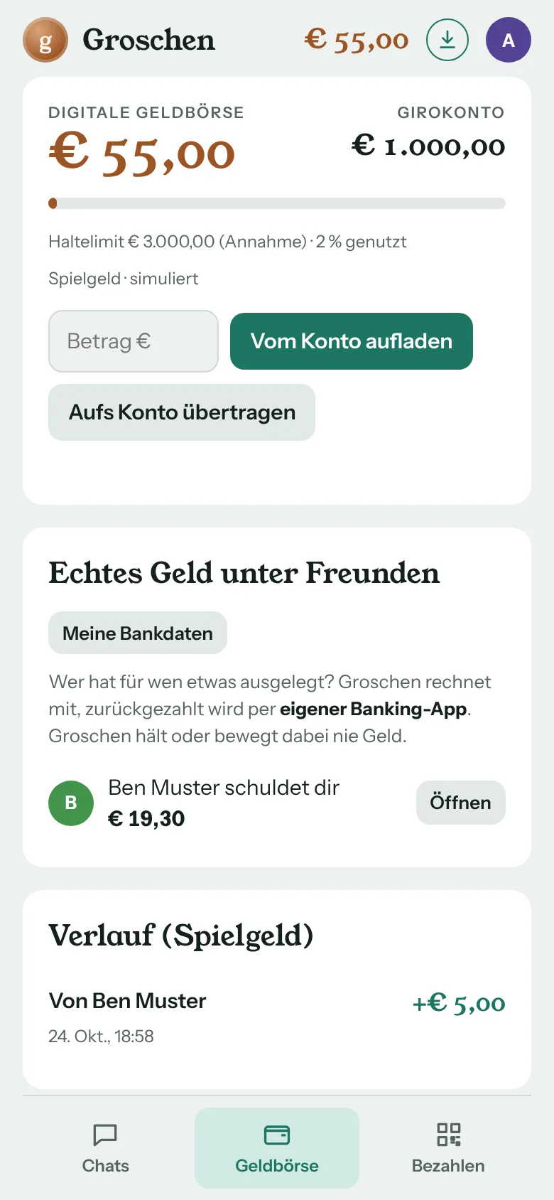 Groschen-Geldbörse mit Spielgeld-Guthaben, Schulden unter Freunden und Verlauf